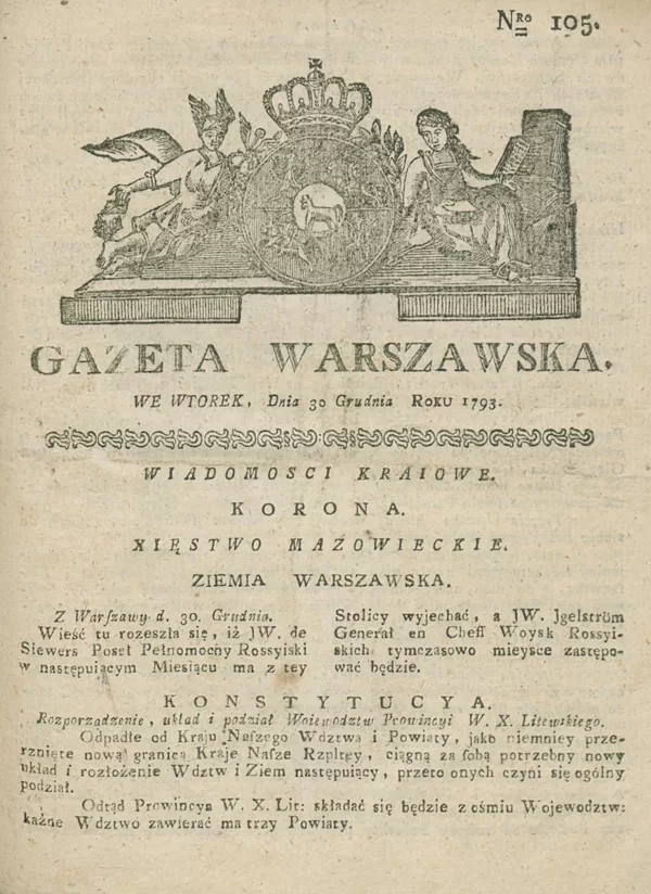Gazeta Warszawska. 1793 m. Nr. 105. Jame aprašytos Merkinės vaivadijos ribos